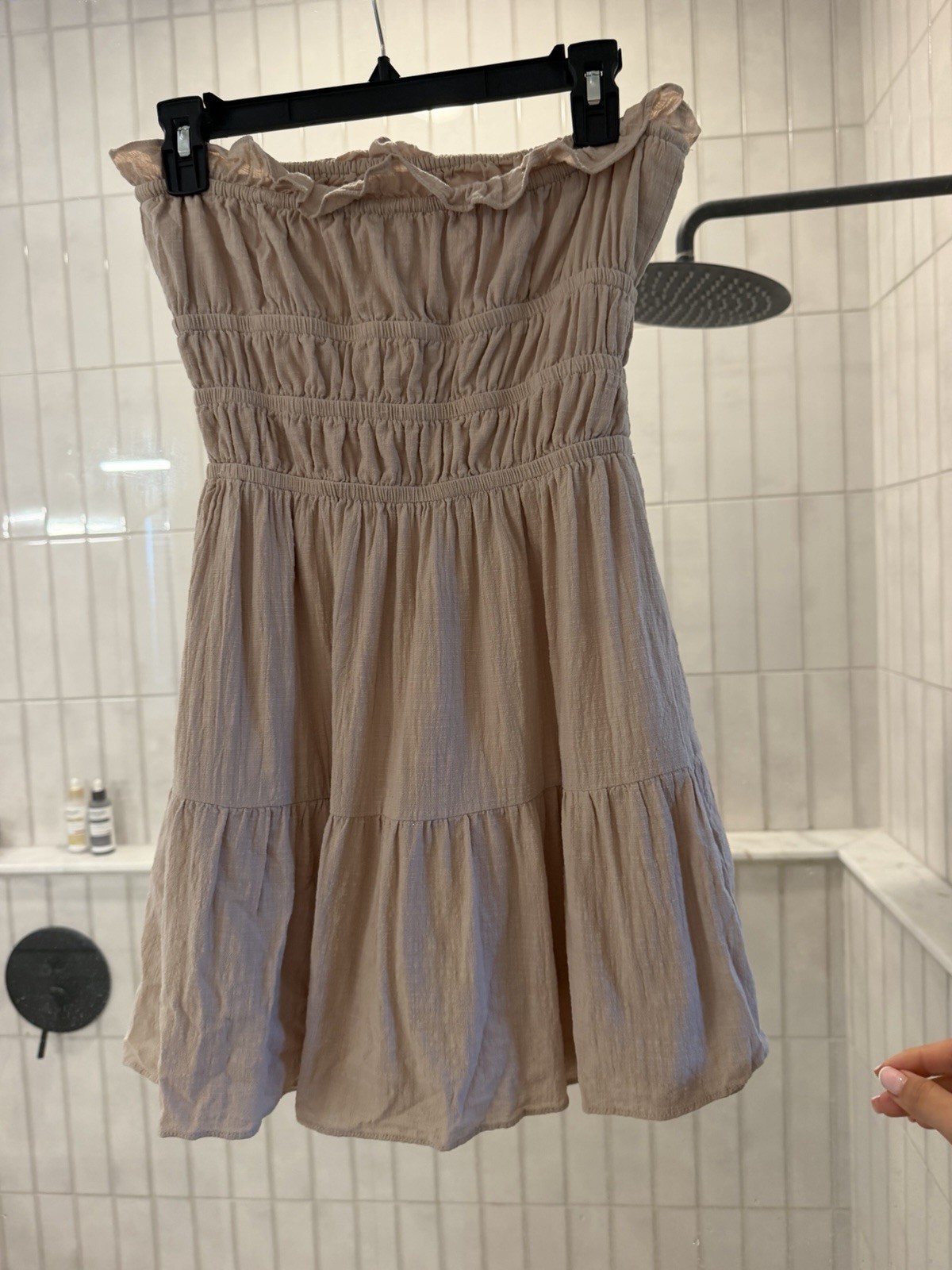 SABO Beige Strapless Smocked Ruffle Lined Woven Mini Dress S