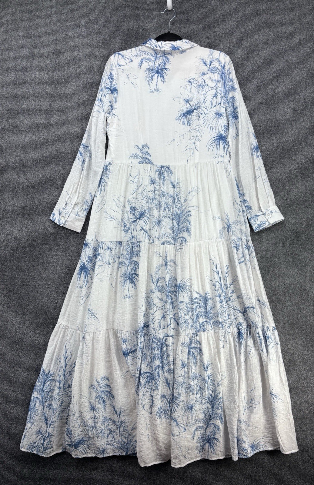 1 State White Blue Tropical Coastal Cottagecore Toile Tiered Maxi Dress Size M