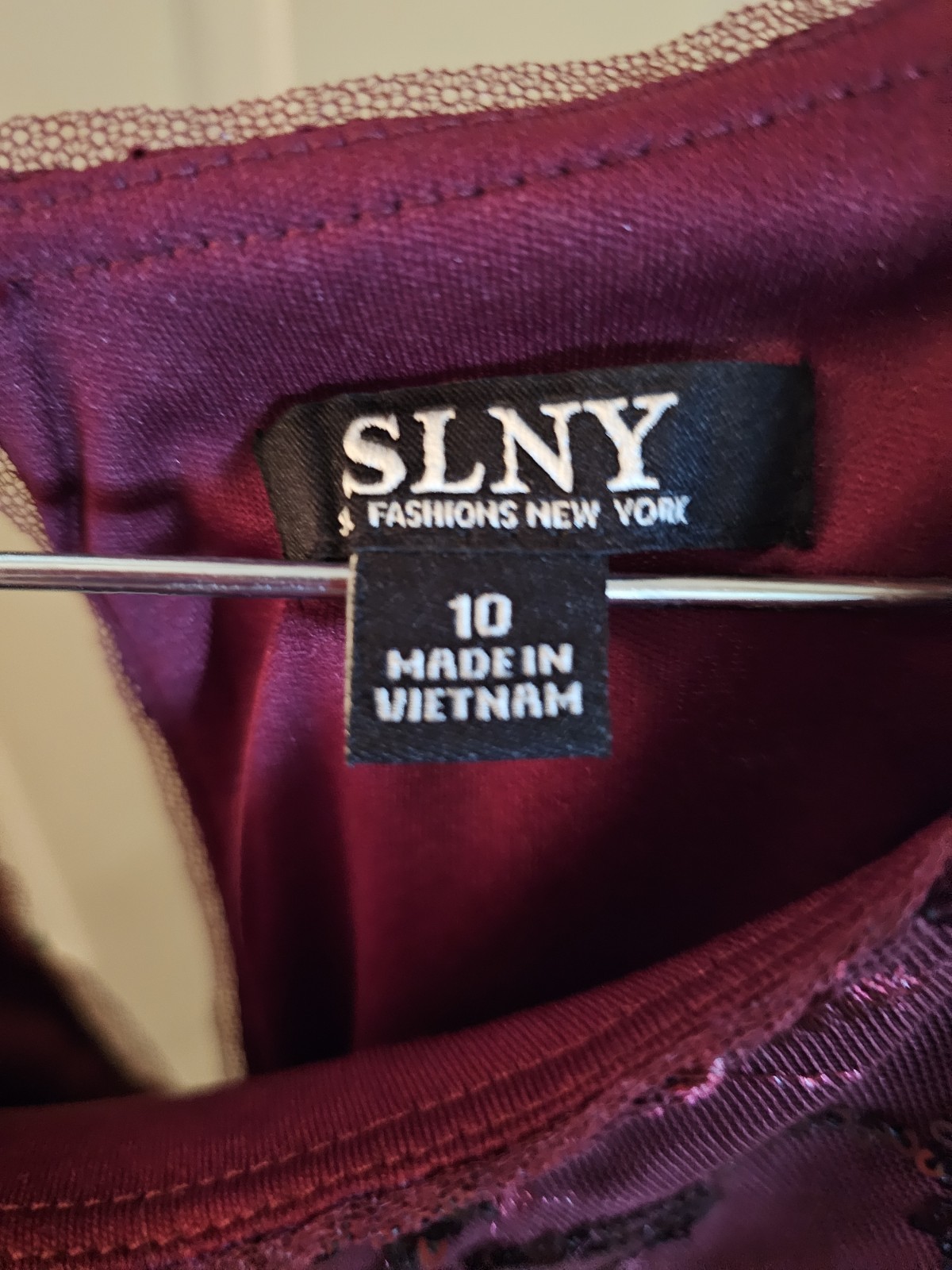 SLNY Tea Length Mesh Sequin Blouson Dress Plum Burgundy Size [Size 10]