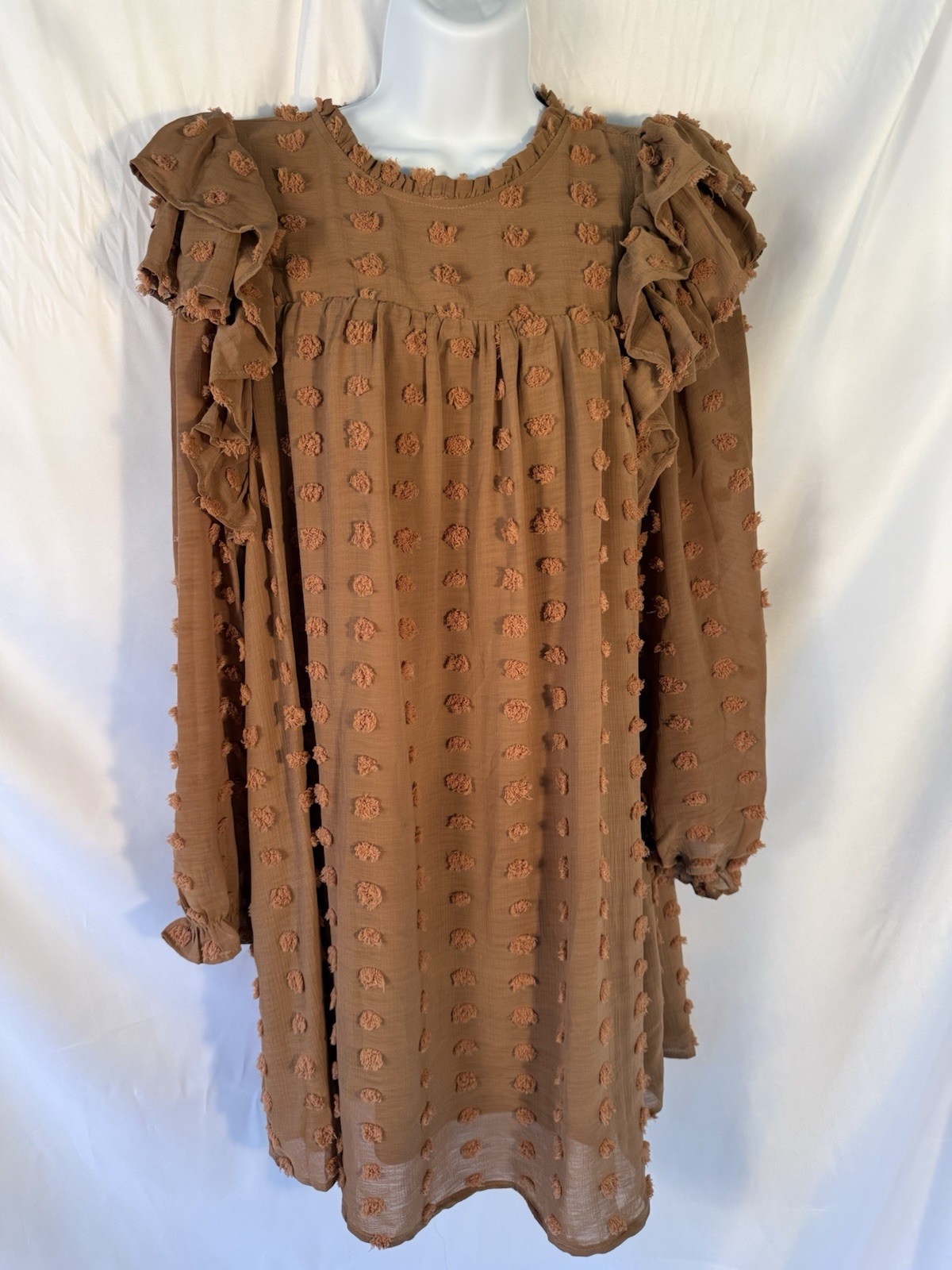 Peach Love California Brown Boho Hippy Style Dress Swiss Dots Women’s Size Med