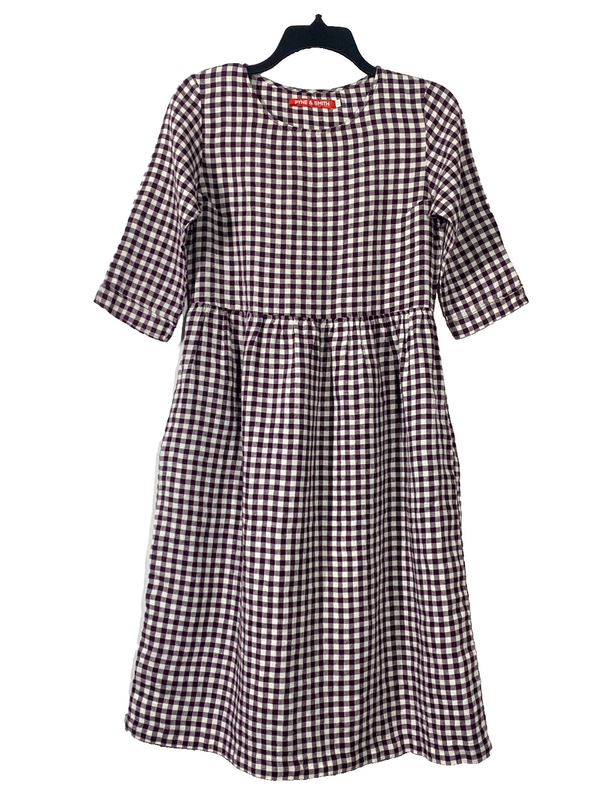 Pyne & Smith 100% Linen Aubergine Gingham Check Midi Dress XS with Tie Belt USA