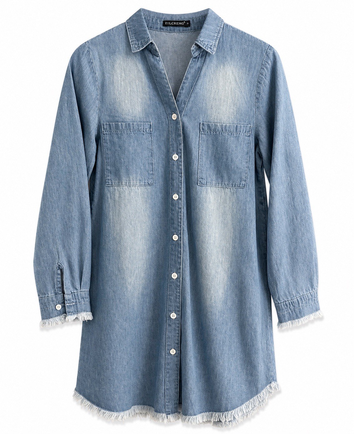 ZILCREMO Denim Shirt Dress Womens Small Chambray Button Fringe Hem NWOT