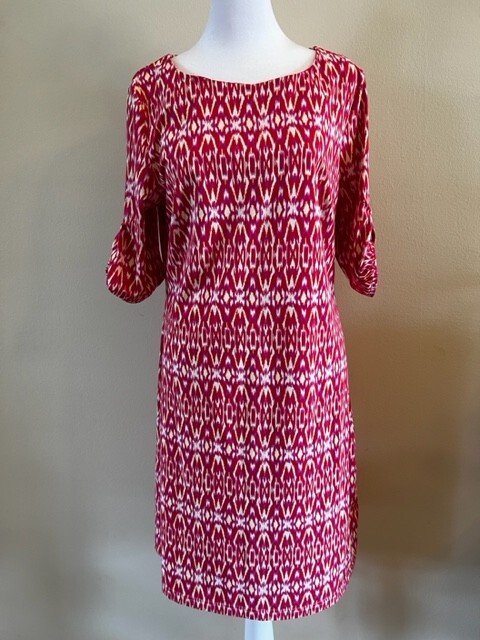 Ellie Kai Ikat Red Purple Rolltab Sleeve Stretch Sheath Dress Preppy Resort 8