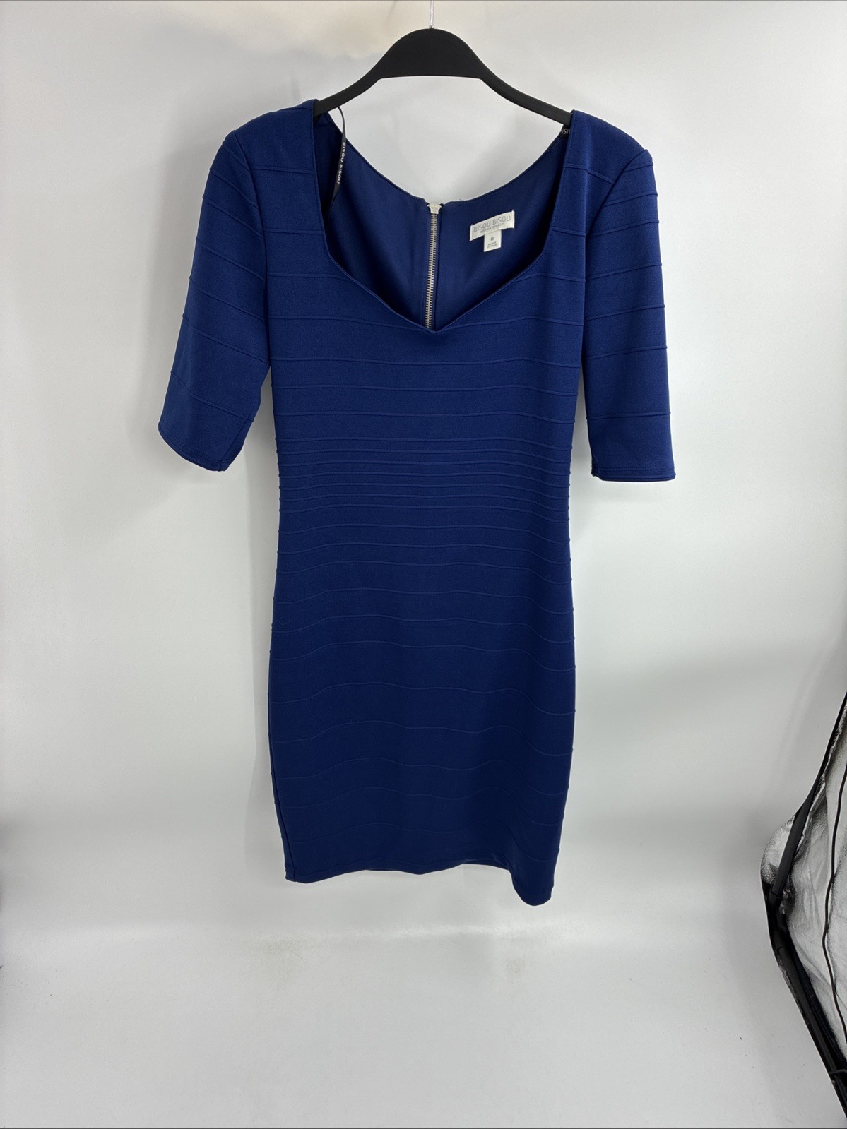 Bisou Bisou Womens Size 8 Blue Bodycon Dress Half Sleeve Zip Back Party