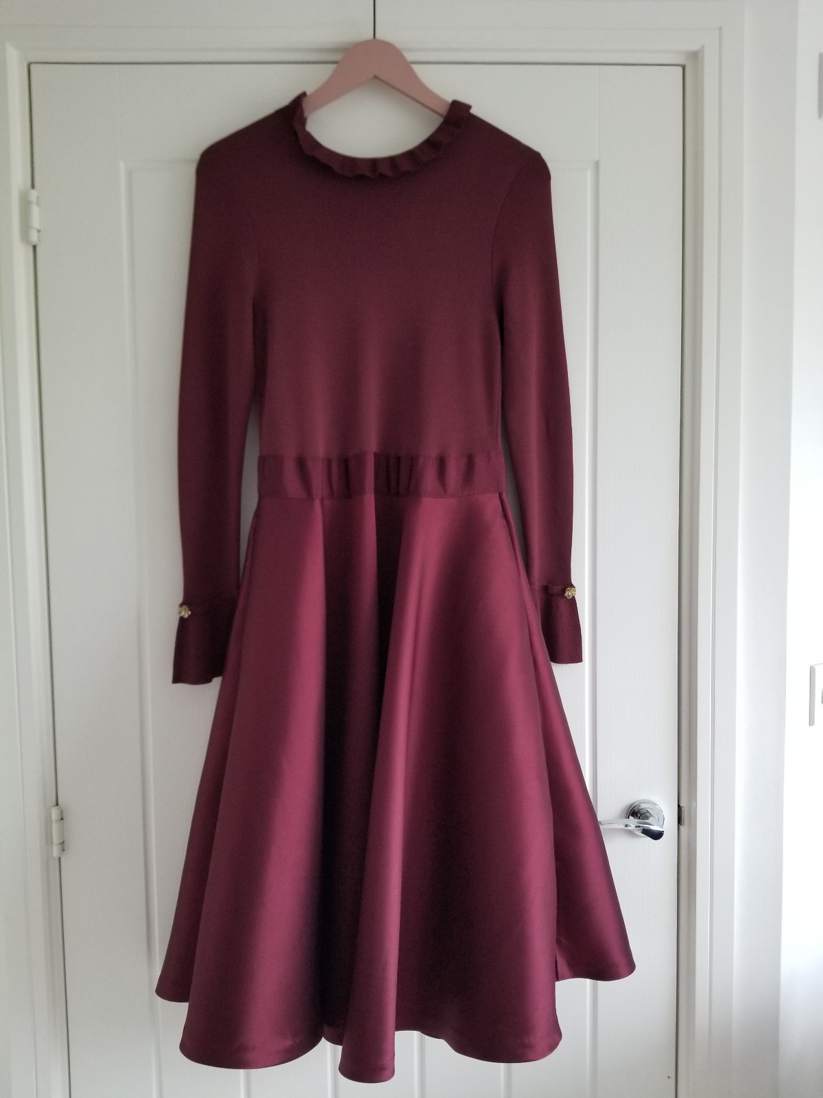 Ted Baker Zadi Midi Dress Knitted Bodice Burgundy Red Long Sleeve Size UK 12 / 3