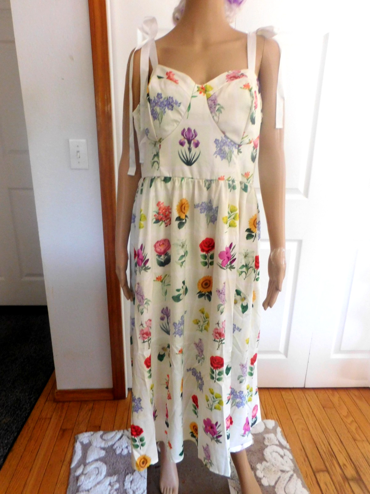 Plus, Floral Print Bohemian Apricot Boho Straps Ties Polyester Party Dress 2XL