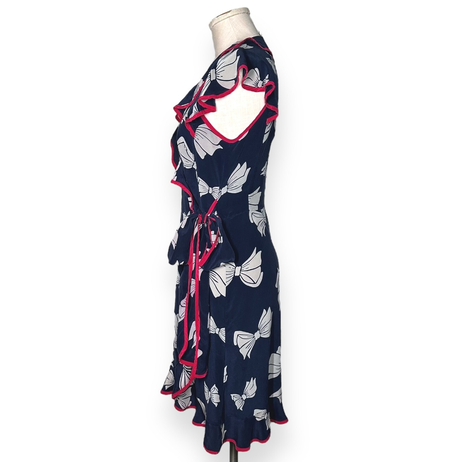 Vintage NANETTE LEPORE 100% Silk Y2K Wrap Dress Bow Print Blue Cascade Coquette