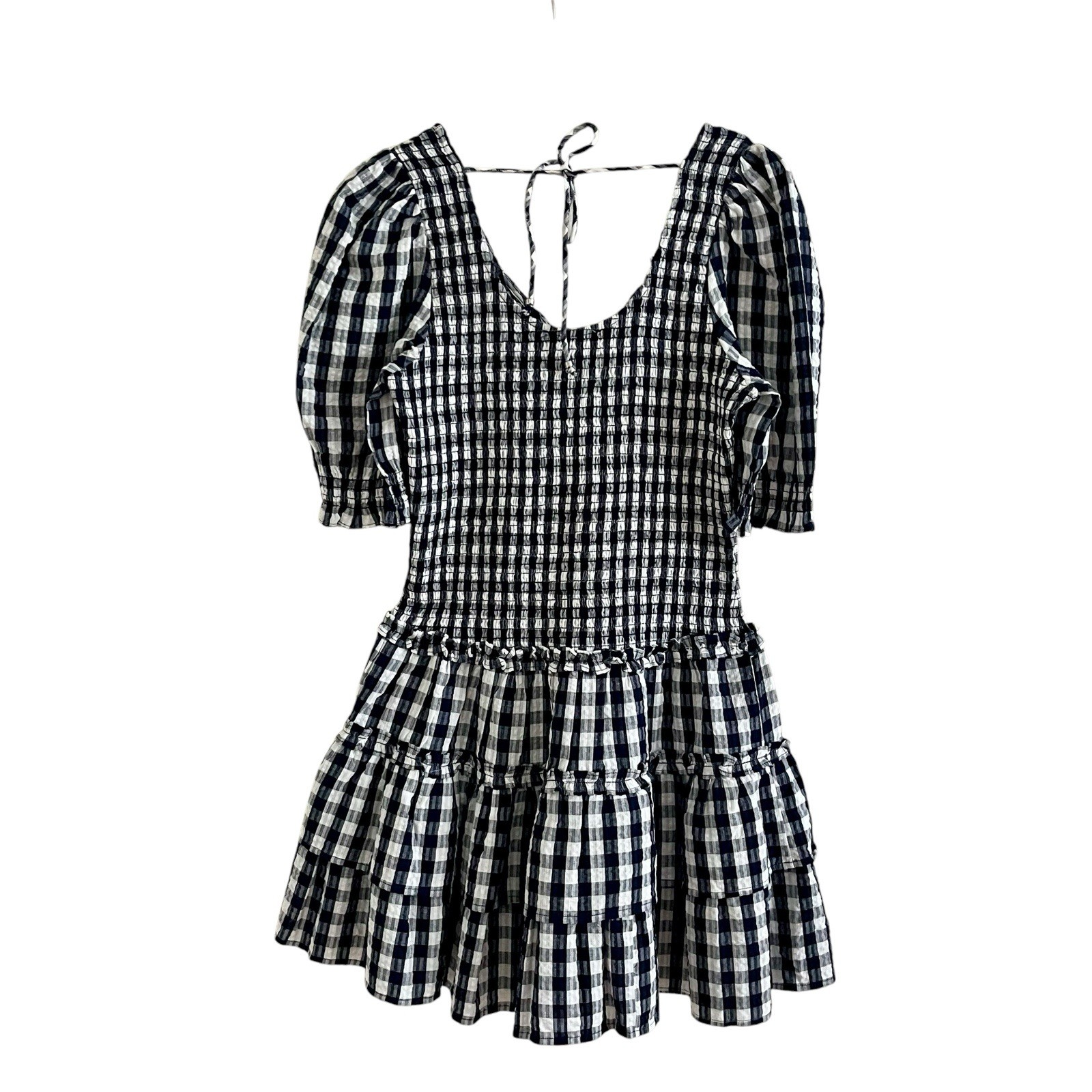 Caroline Constas Gingham Smocked Mini Dress S Navy Cowgirl Milkmaid Coastal NWT