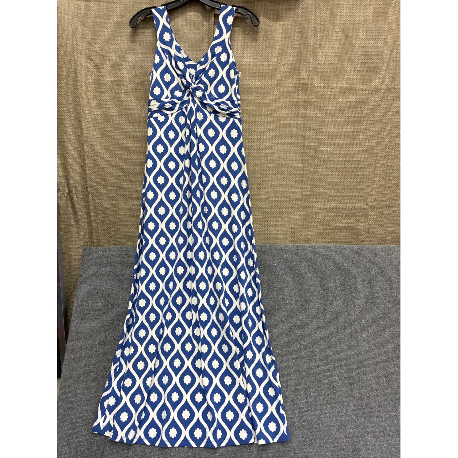 Boden Blue White Geometric Floral Maxi Dress WW183 Twist Front V-Neck Size US 6R