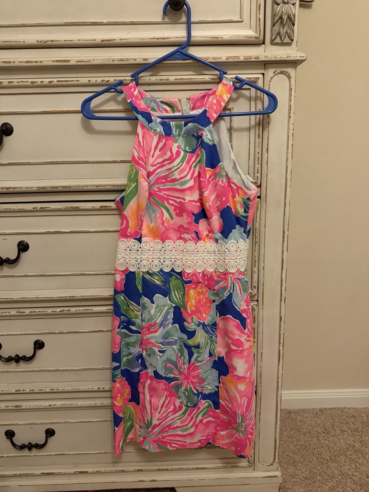 Lilly Pulitzer Floral High Neck Sheath Dress White Crochet Waist Size 00