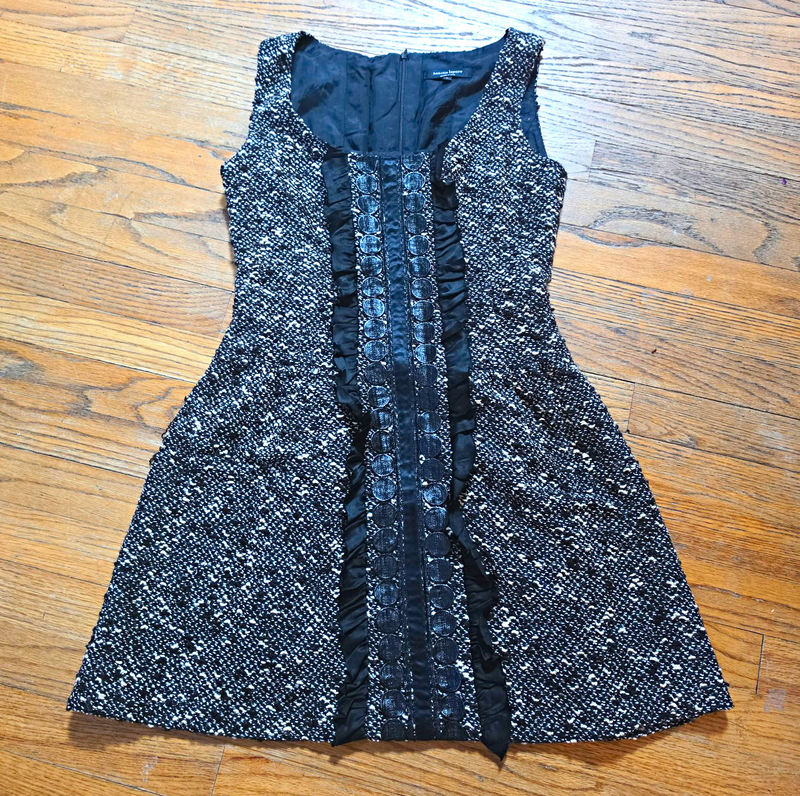 Nanette Lepore Tweed A-Line Sleeveless Dress Lined Ruffle Scoop Black/White 4