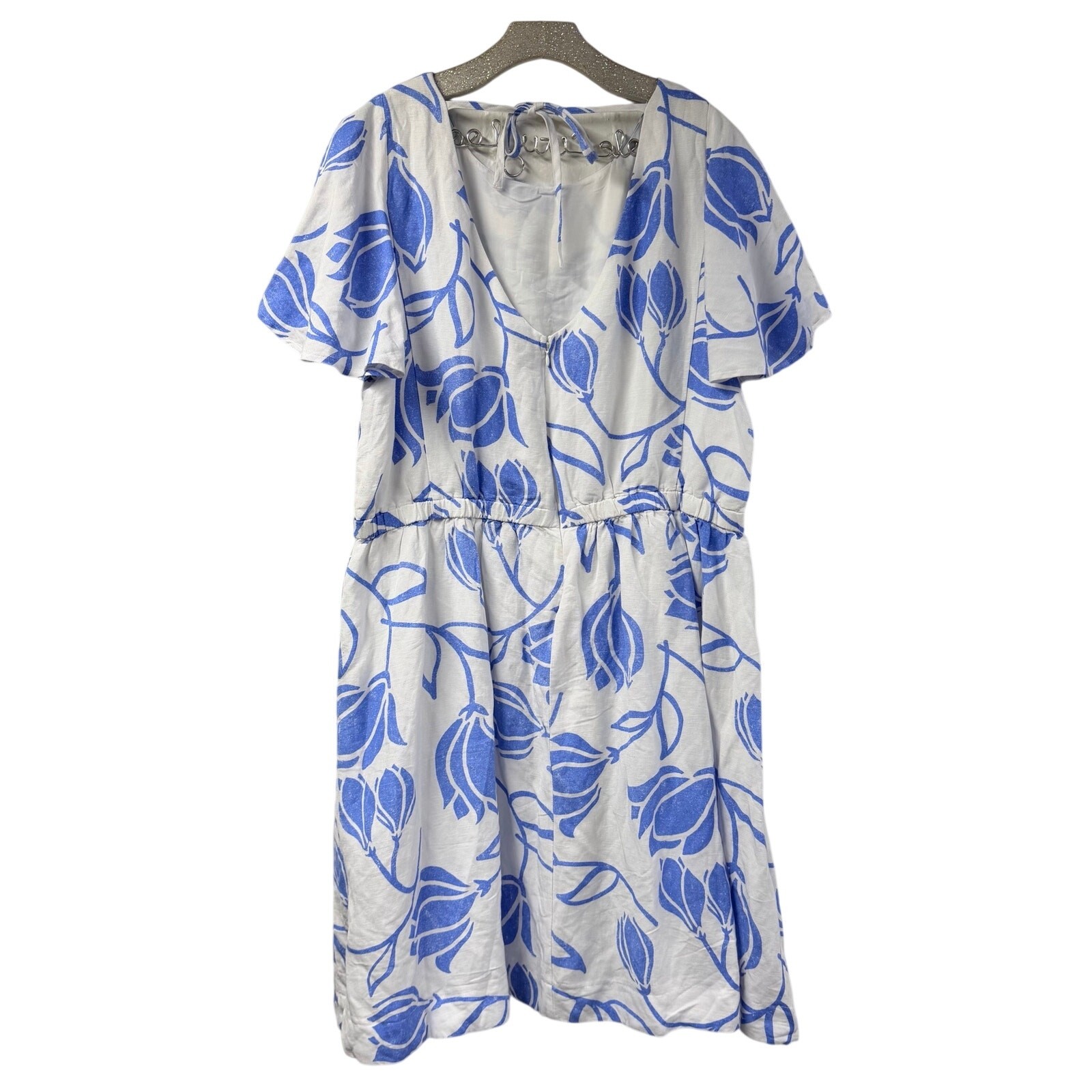 Lane Bryant Floral Dress 22 Ruffle Sleeve Tie Back Blue White Linen Blend
