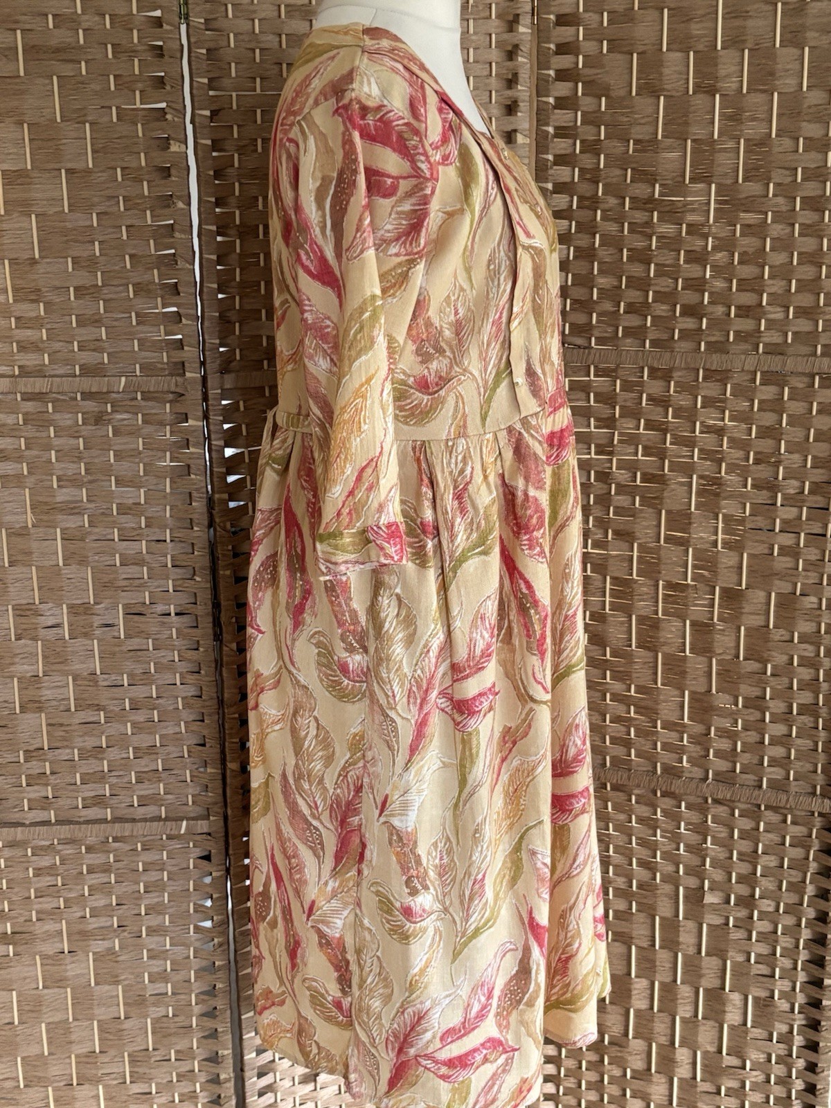 HOOH Pink Tan FOLIAGE Print BUTTON Tie Back NURSING Dress 12 14 L42” ARTY Zips