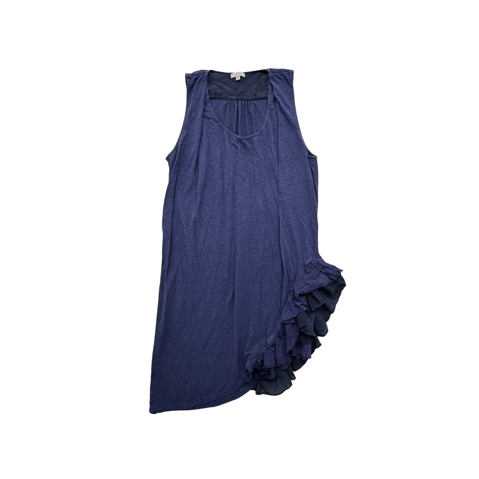 Clu Navy Blue Hemp Organic Cotton Linen Silk Ruffle Hem Tunic Dress Small S