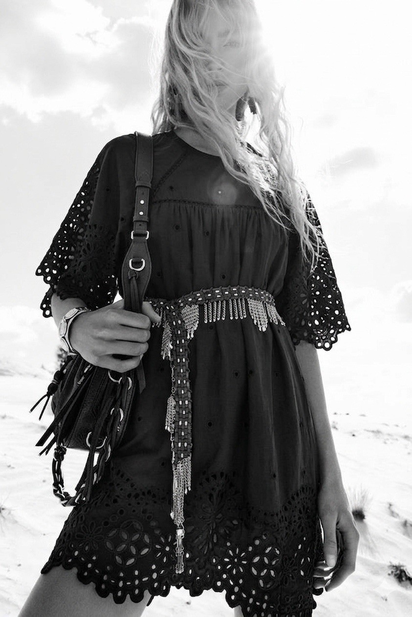 Isabel Marant N°1501 Black Cotton Silk Eyelet Boho Mini Dress Tunic FR 38 US 6