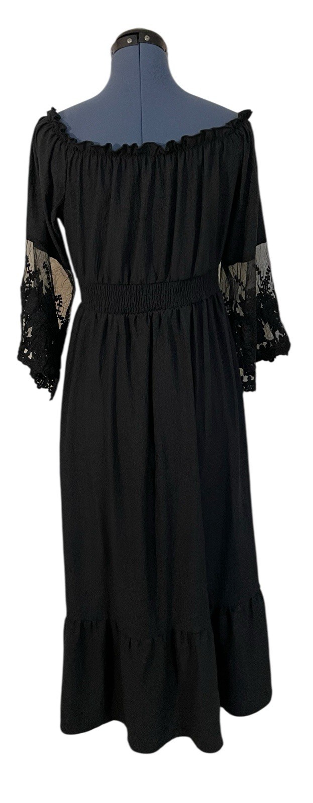 Black Off Shoulder Maxi Dress Lace Flare Sleeve Smocked Waist Ethereal Goth 2XL