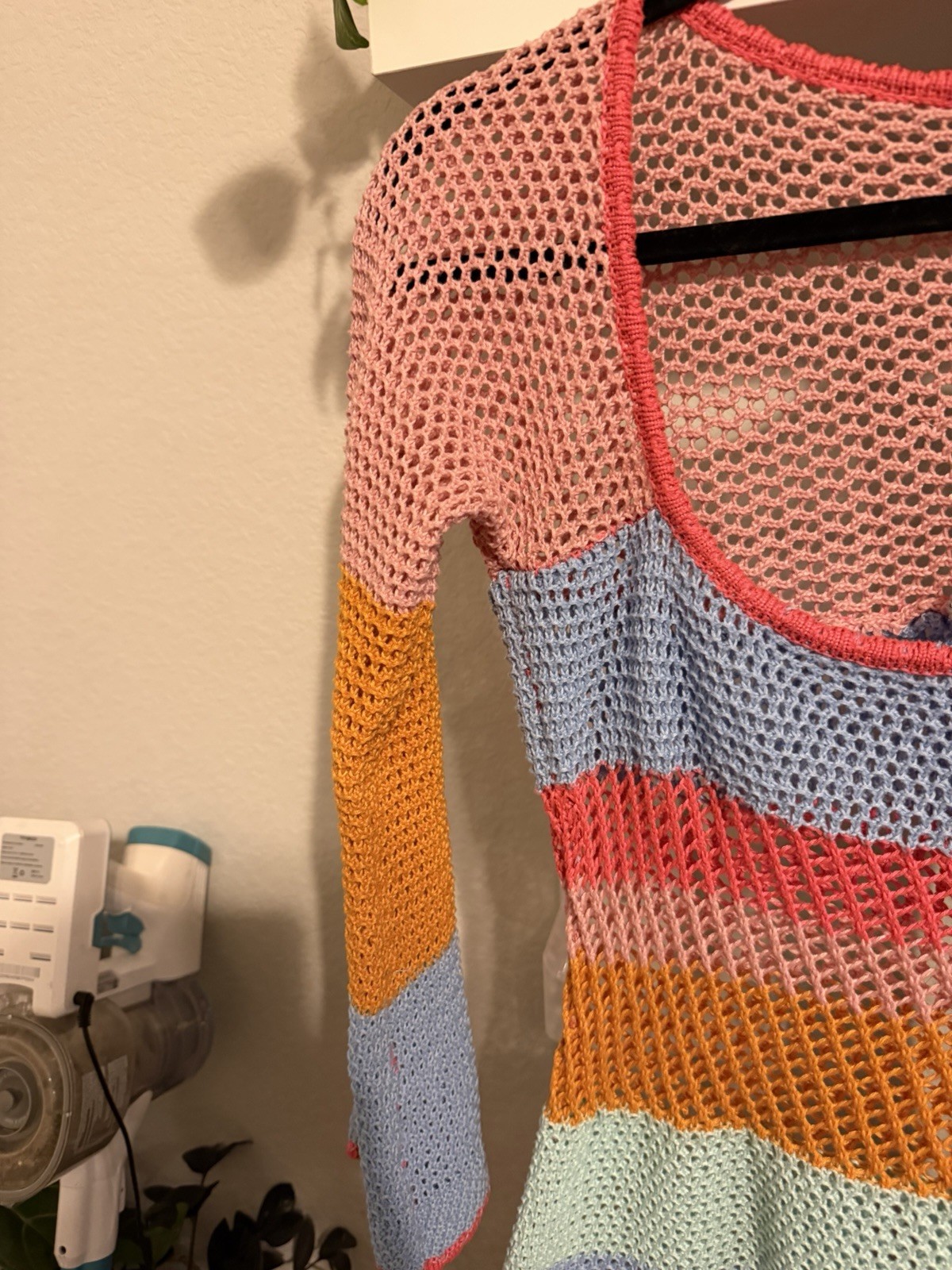 Multicolor Striped Open Knit Square Neck Long Sleeve Sweater Mini Dress Size M