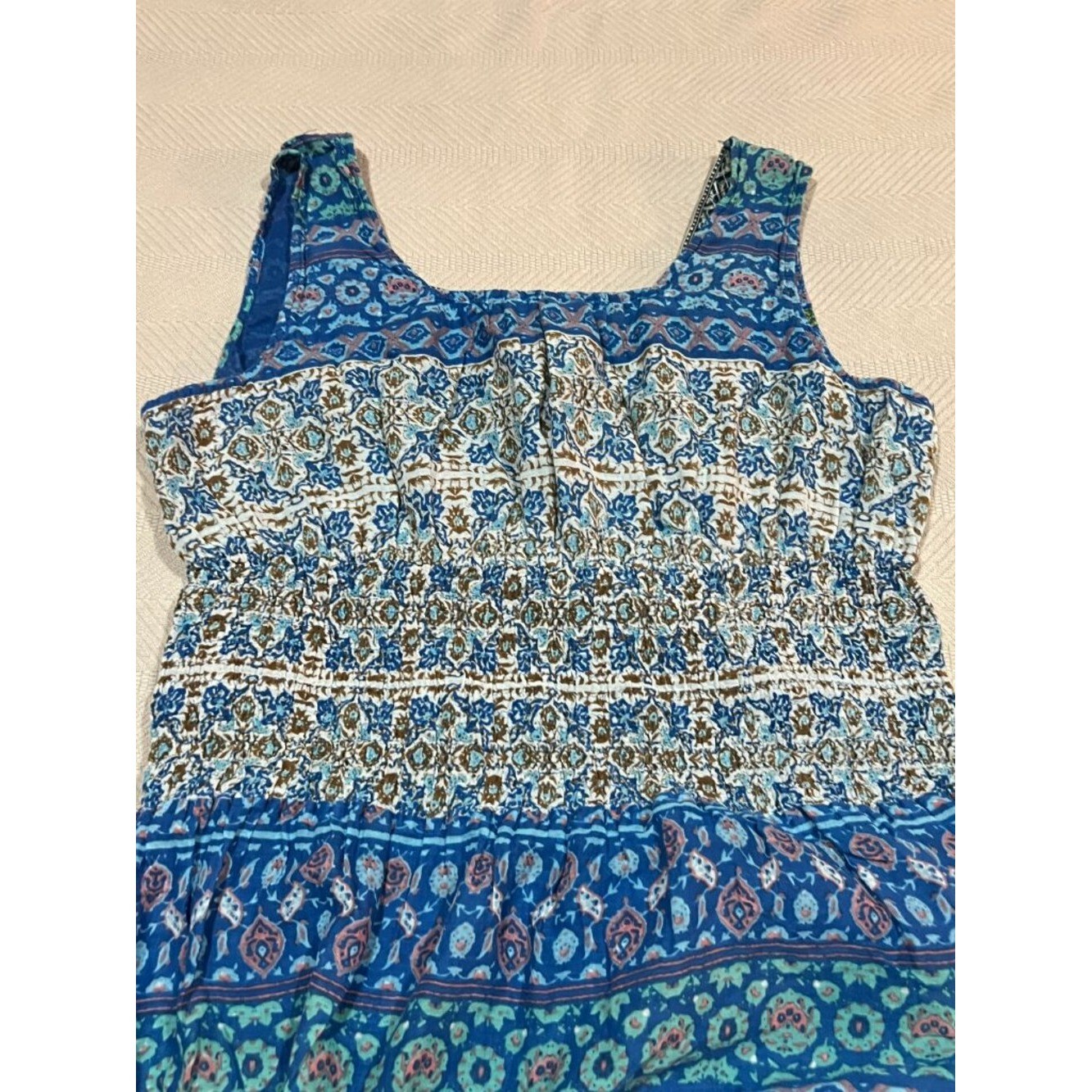 Mlle Gabrielle Blue Floral Midi Smocked Tiered Beaded Square V-Neck Dress 2X