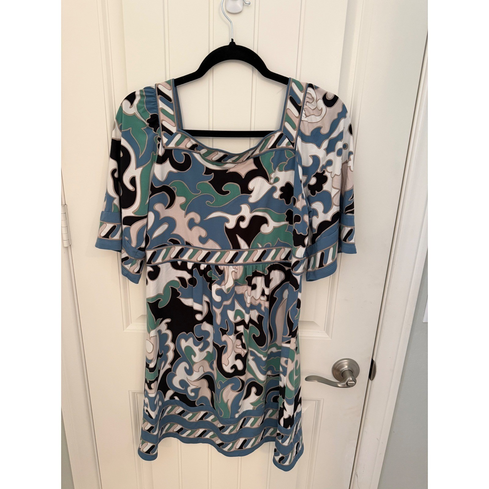 BCBGMAXAZRIA Blue Abstract Scroll Print Empire Waist Tunic Mini Dress Womens M