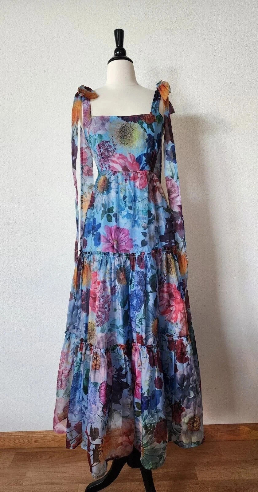 New Anthro Maxi Dress New Size Small XS Blue Floral Coquette Wedding Formal Prom