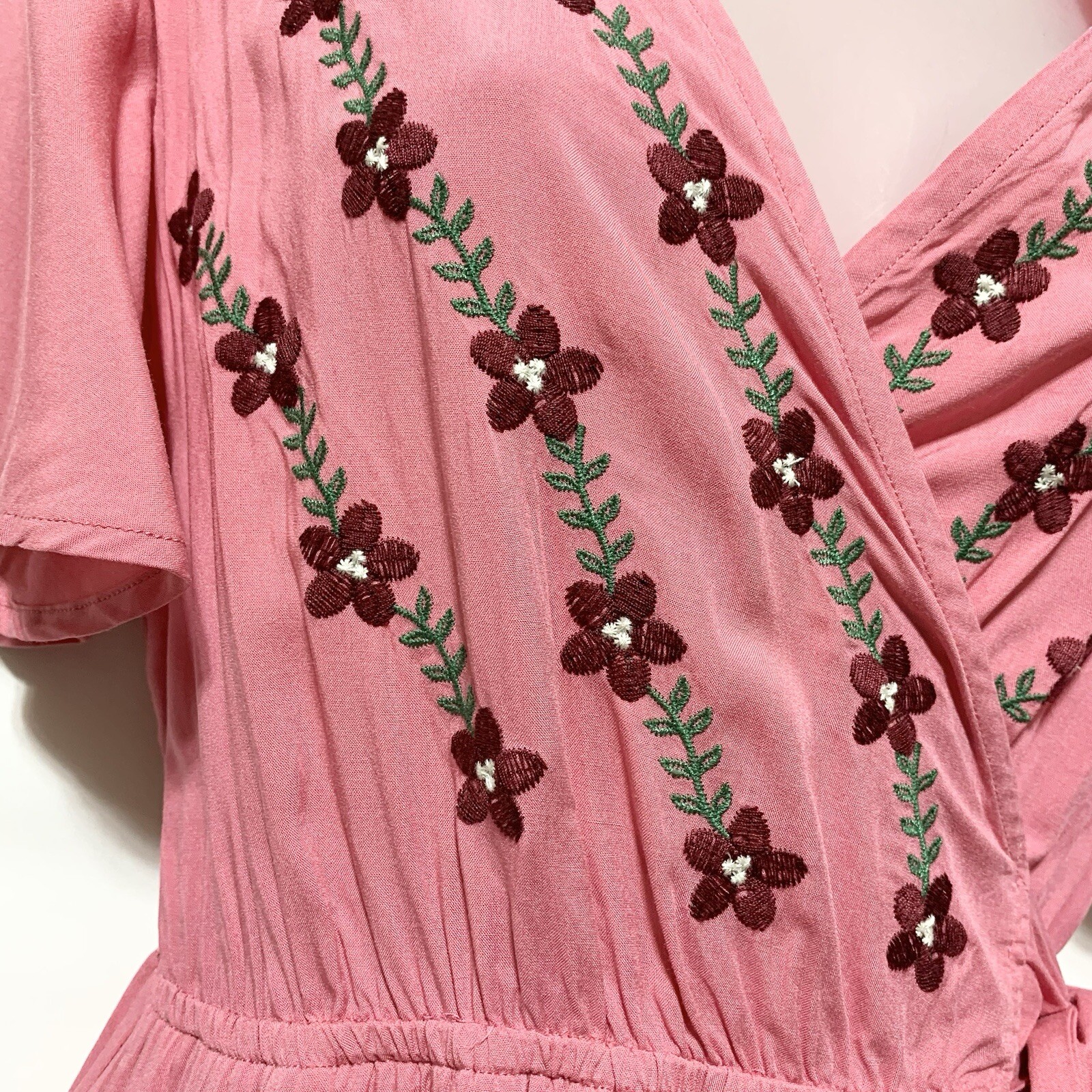 NWT Stevie Hender Pink Embroidered Wrap Maxi Dress Women’s M Boho Flutter Sleeve
