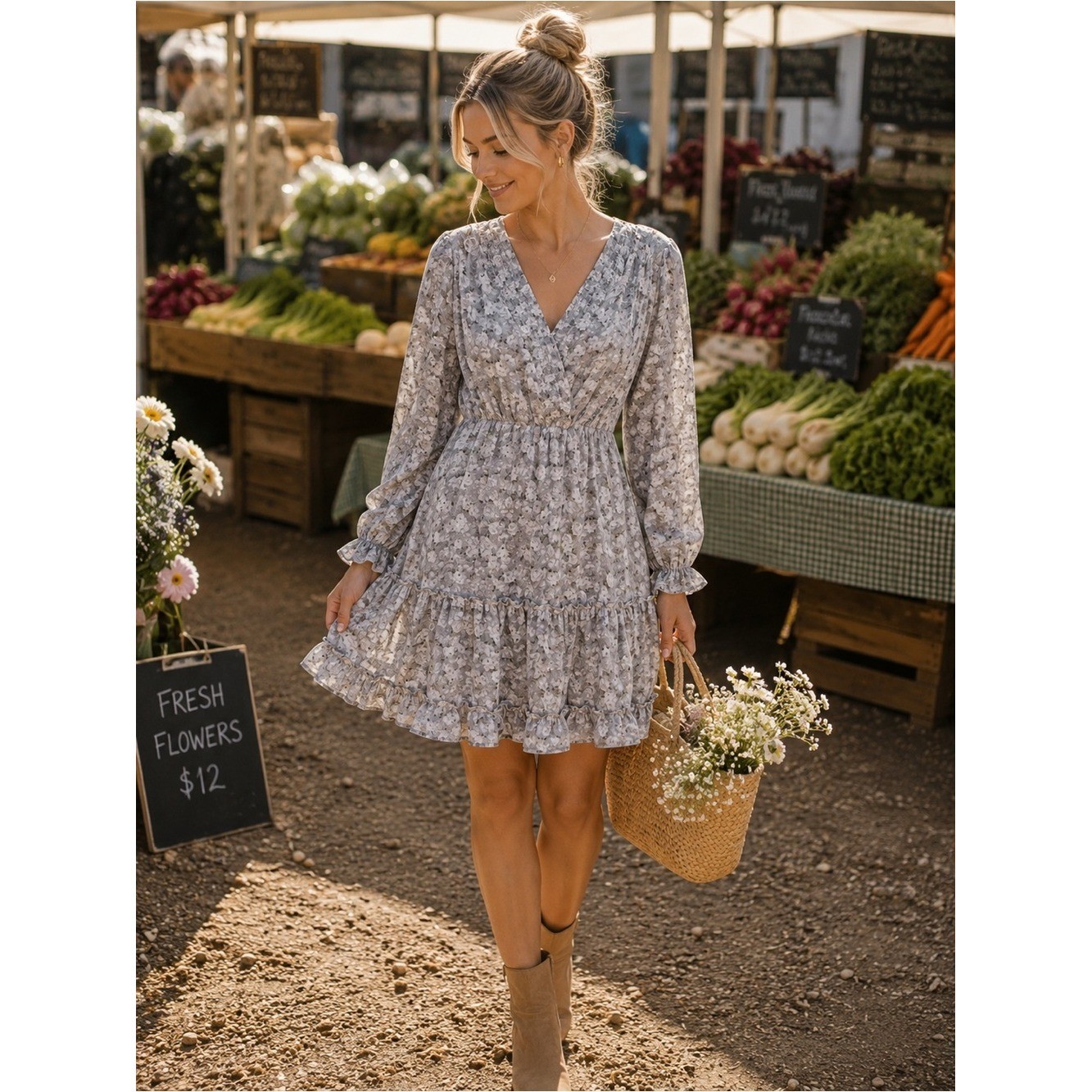 Mikarose Grey Floral Long Sleeve Smocked Tiered Midi Dress Modest Medium M