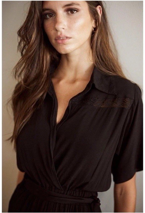 AURA Black Midi Dress Short Sleeve Collared Lace Accents Belted Career Casual M