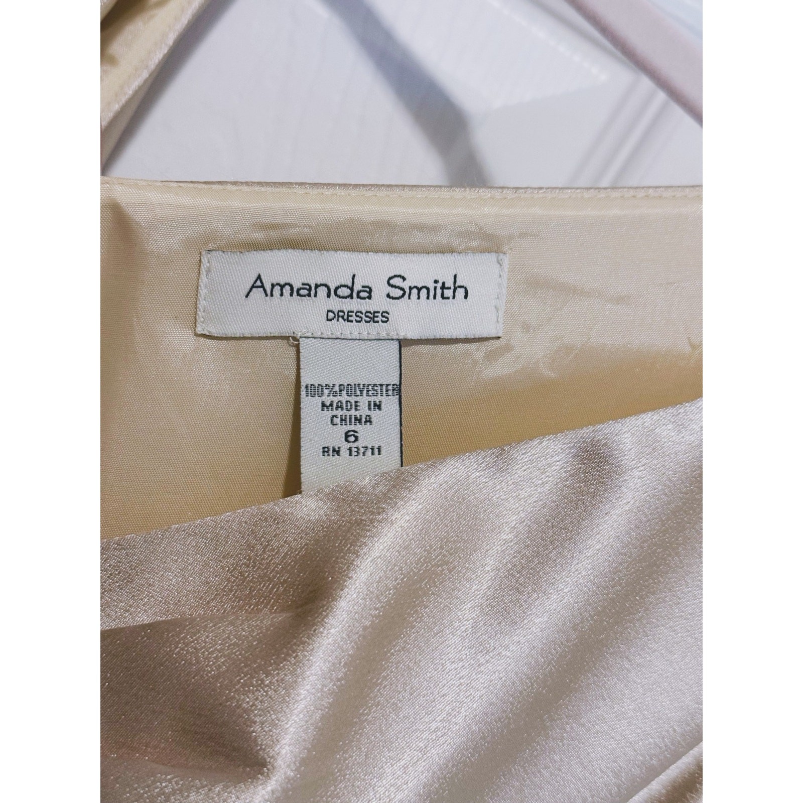 VTG Amanda Smith Satin Beaded Sequin Dress Size 6 Champagne Y2K Glam Prom Event