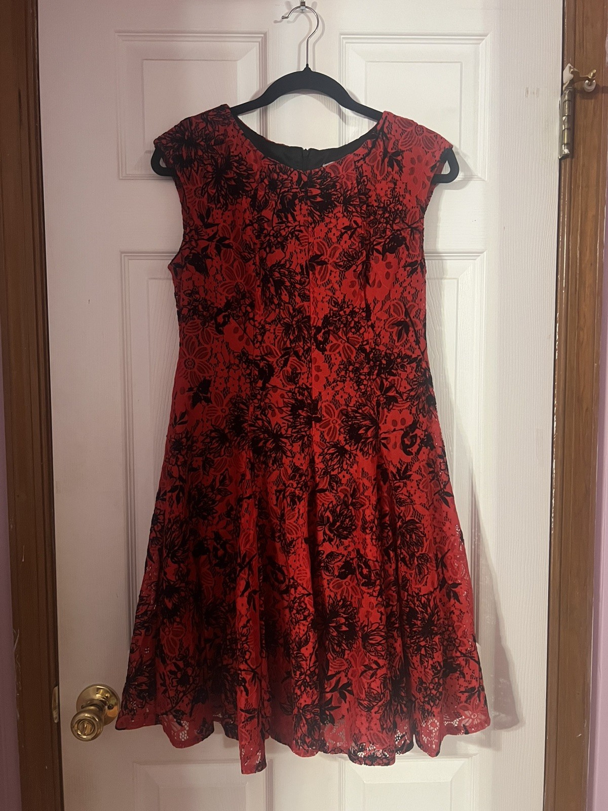Danny & Nicole Red Black Floral Lace Fit & Flare Scoop Dress Women S