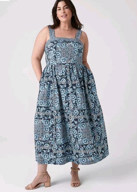 Lane Bryant Square Neck Quilted Midi Dress Womens 24 Blue Floral NWT Tiered Boho