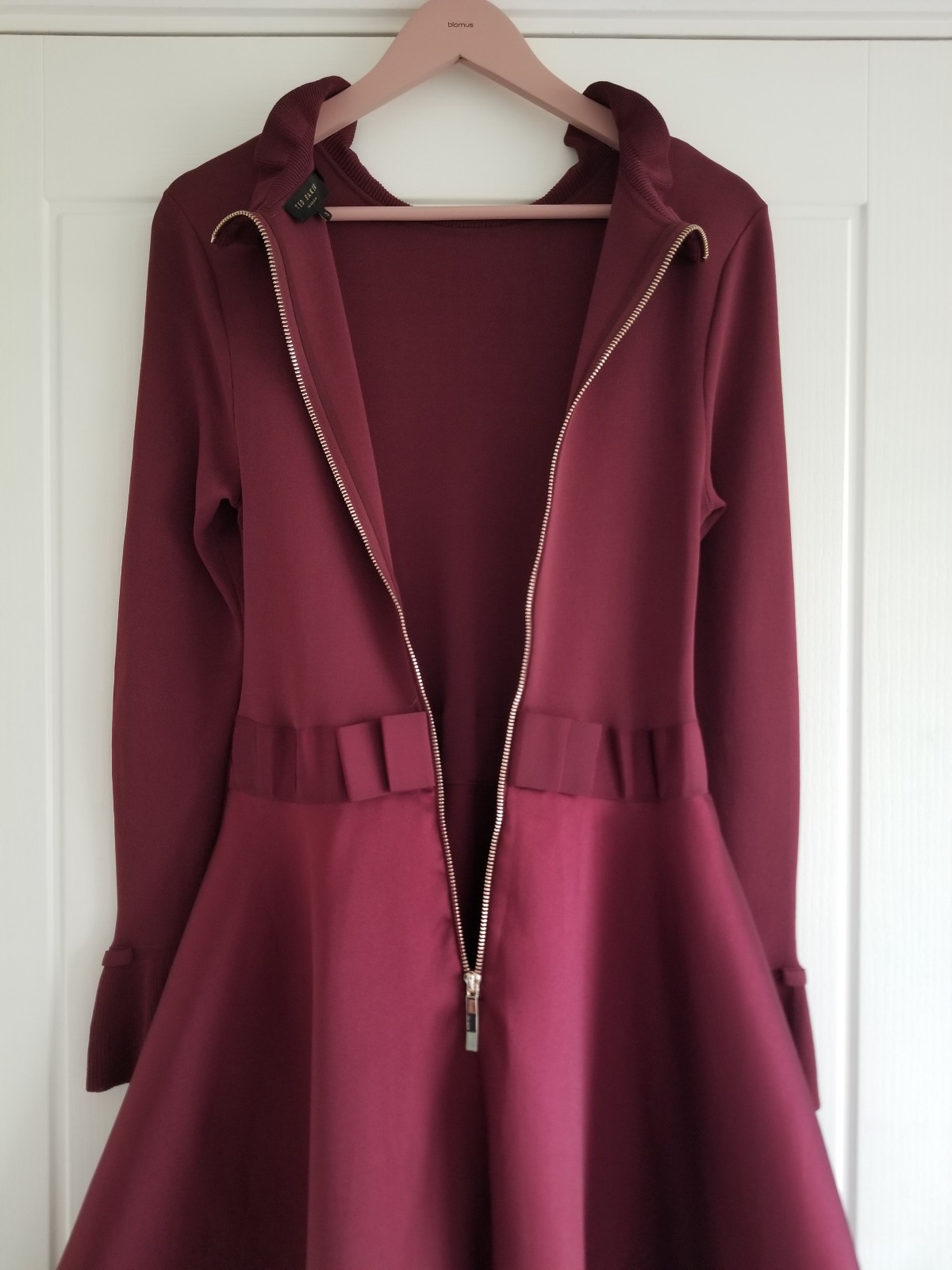 Ted Baker Zadi Midi Dress Knitted Bodice Burgundy Red Long Sleeve Size UK 12 / 3