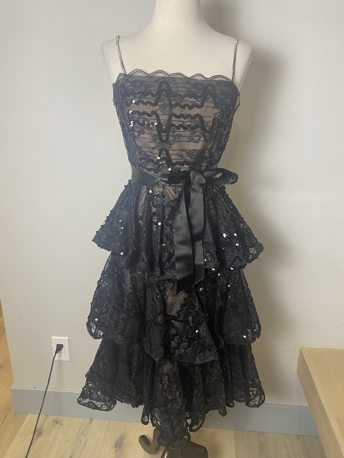 VTG 80’s Black Lace Sequined Ruffled Cocktail Party Dress S Small Goth Grunge