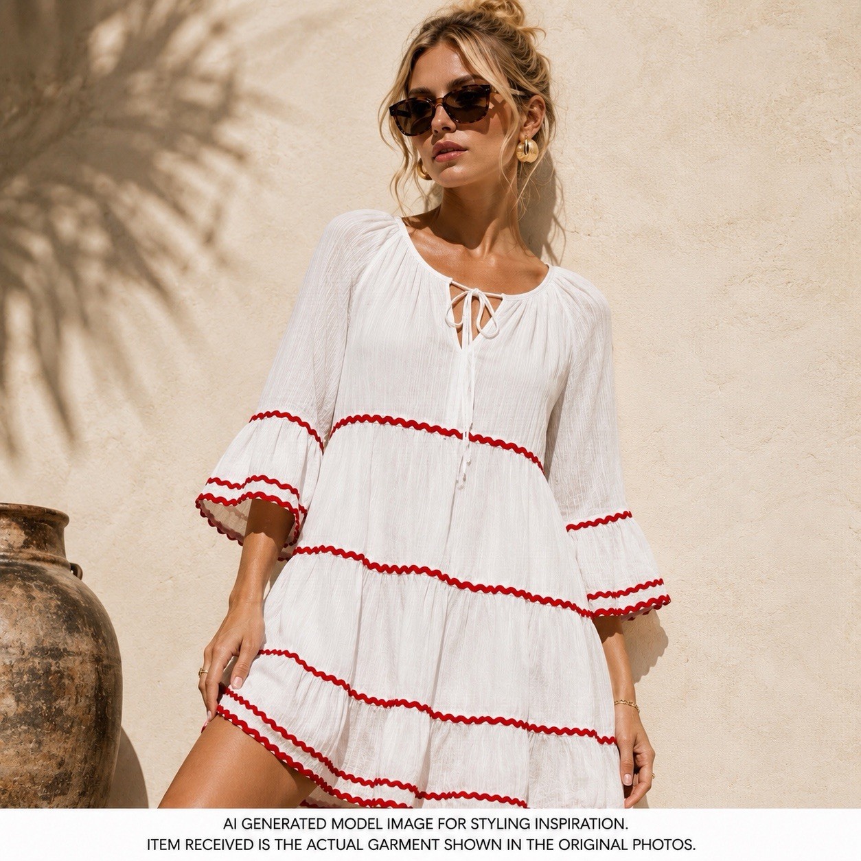 Draper James Crinkle Cotton Tiered Dress White Red Trim XXL NWT Boho Peasant