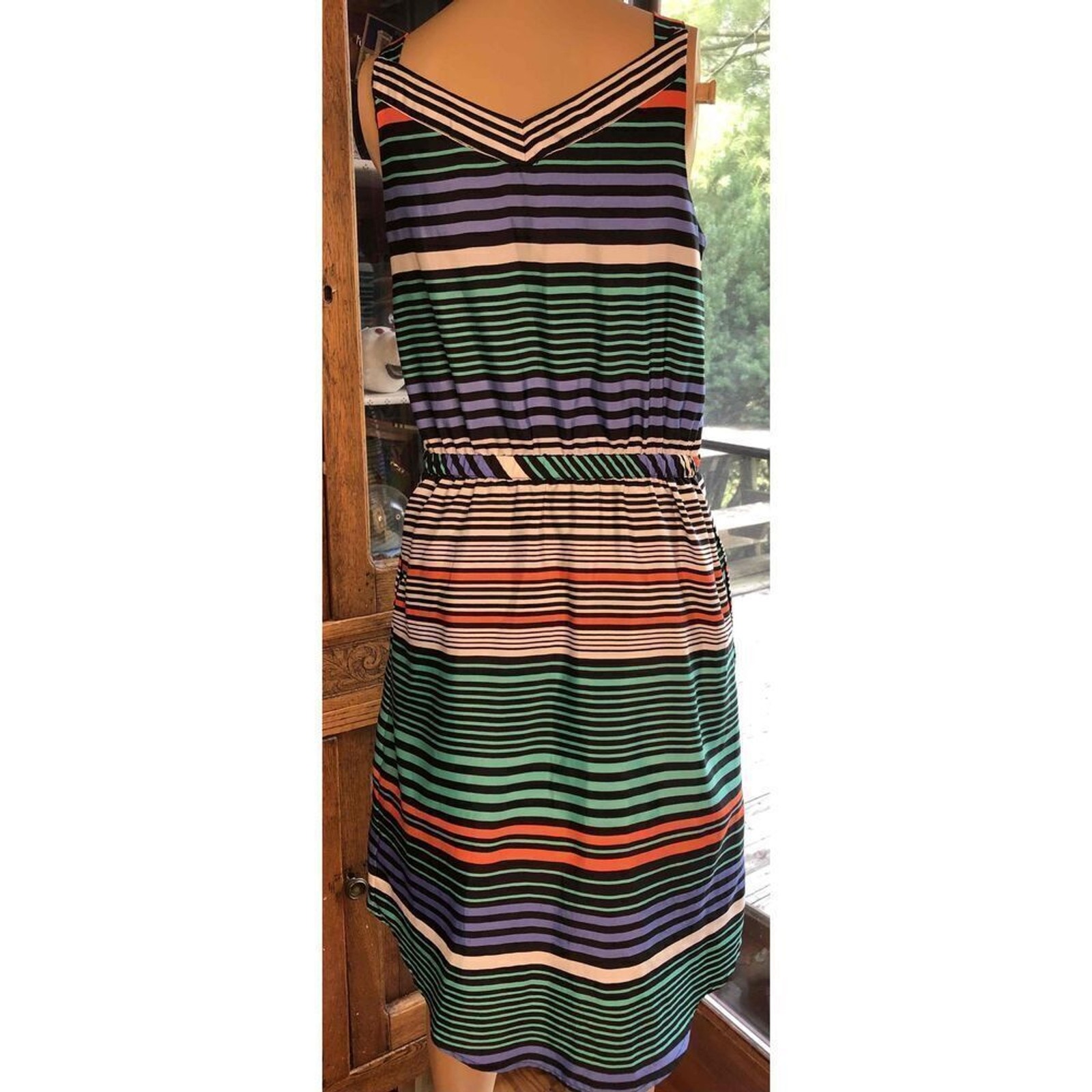 Merona Green Orange Striped Sleeveless Sundress V Neck Waist Tie Good Size xs