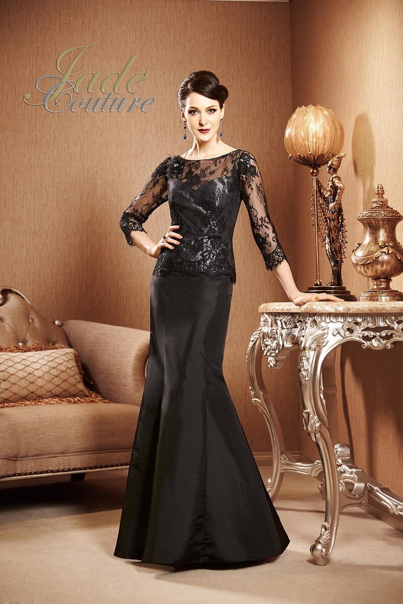 Jade Couture by Jasmine Black Lace Long Sleeve Satin Crepe Gown Size 14 $469