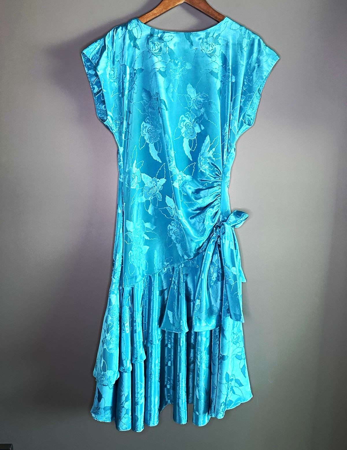 Vintage Alison Peters Teal Floral Jacquard Midi Dress Size 14 Side Tie Ruffle