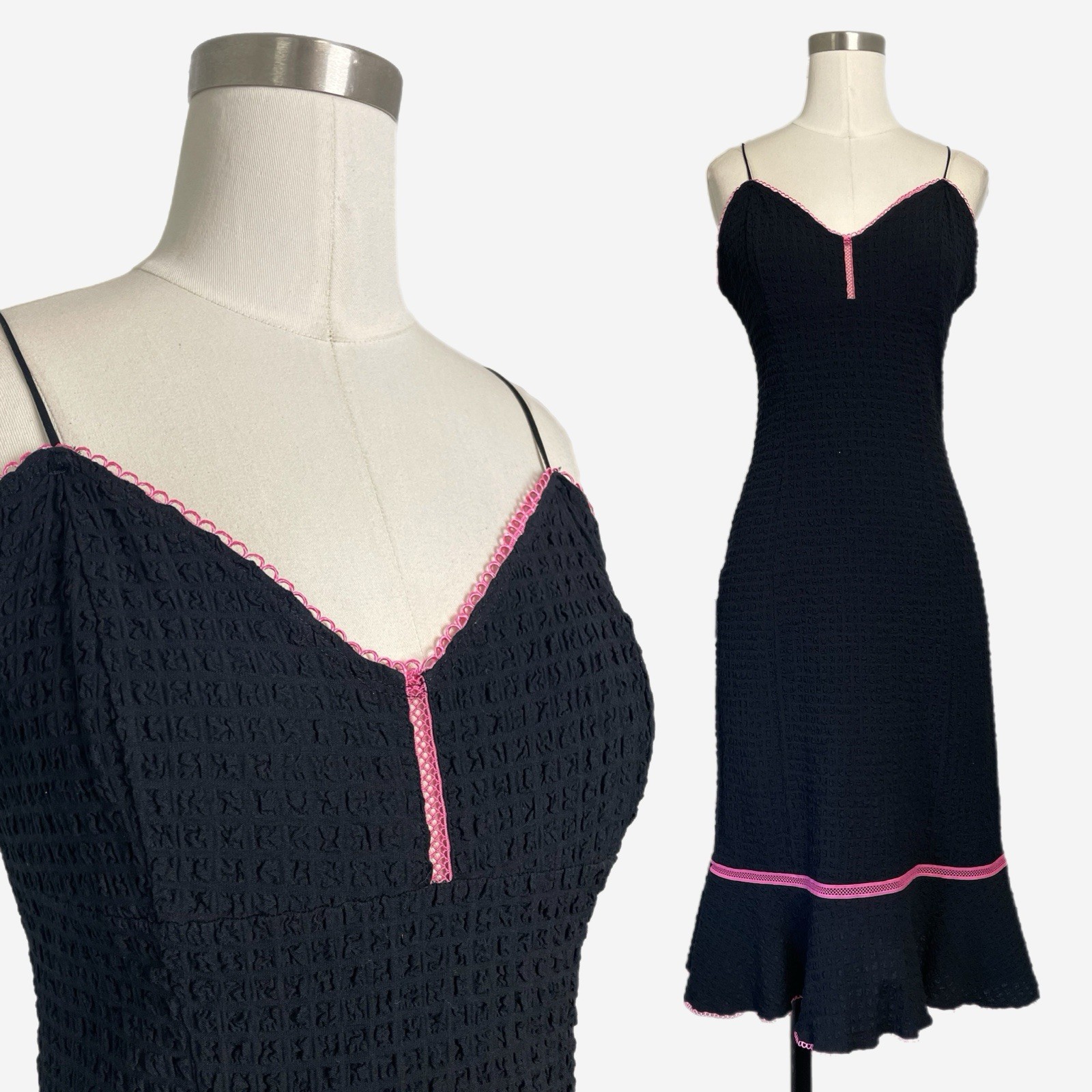 Vintage Y2K Betsey Johnson black textured pink trim midi dress bubblegrunge S
