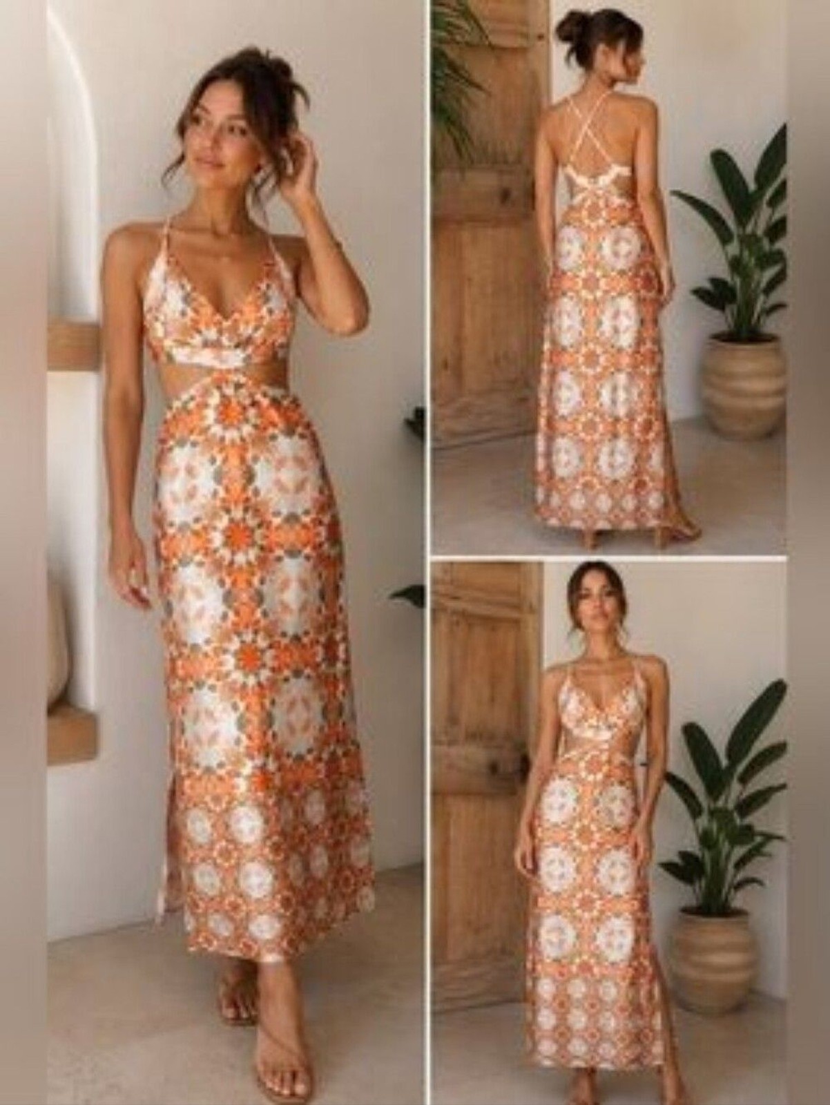 House of Harlow 1960 Floral Cutout Maxi Dress Size XS Orange Print Satin Flowy