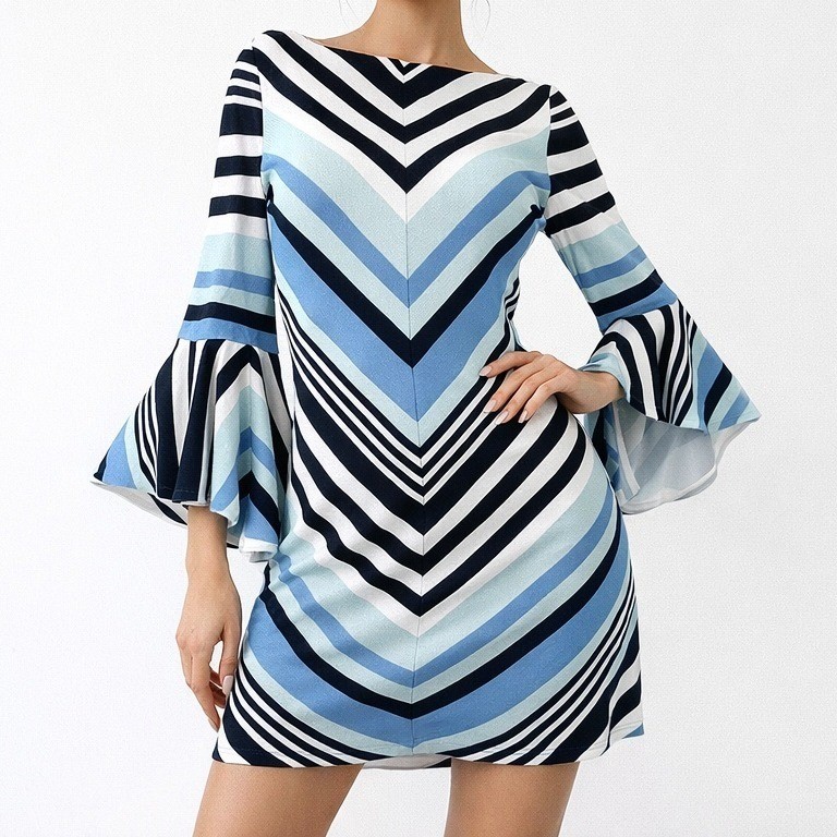 Roz & Ali Chevron Stripe Bell Sleeve Dress Womens XS Blue Navy White Shift Chic