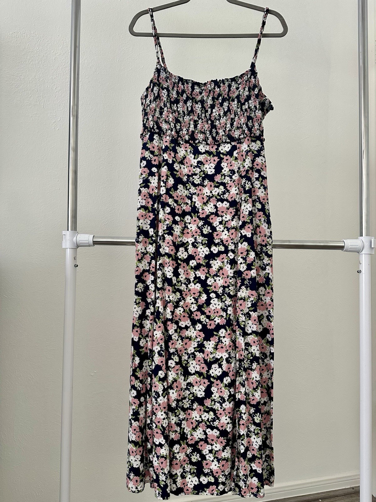 Women’s Zara Navy Blue Floral Maxi Dress Size XL Thigh Slit Linen Blend