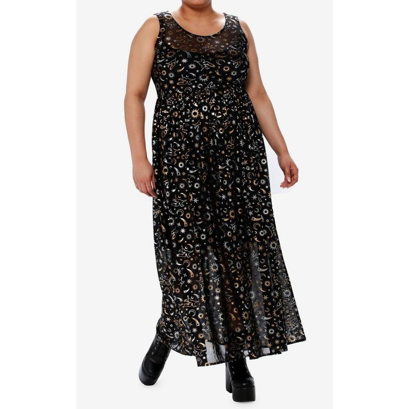 Cosmic Aura Astrology Celestial Stars Moon Foil Mesh Maxi Dress Plus Size 4X Bla