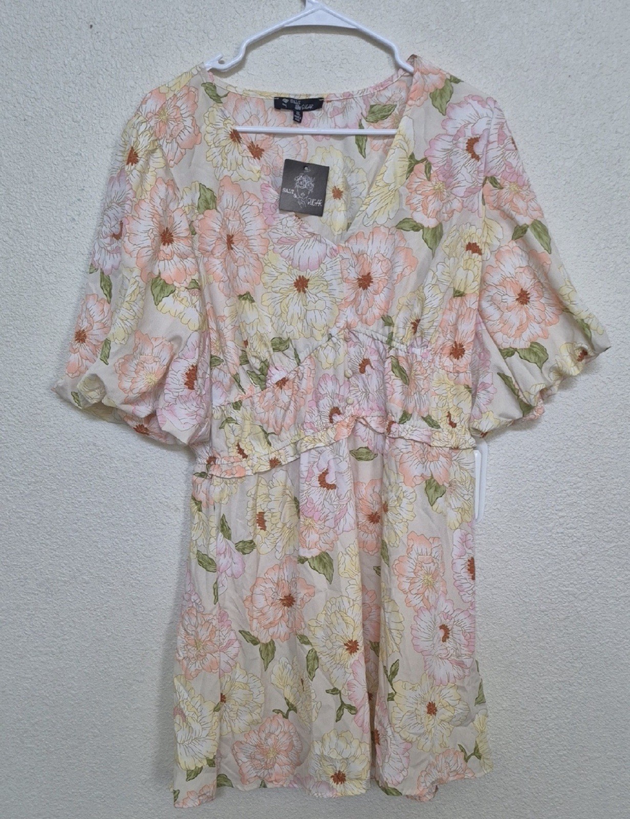 Salt & Sugar White Pink Green Floral V-Neck Balloon Sleeve Romper XL Rayon