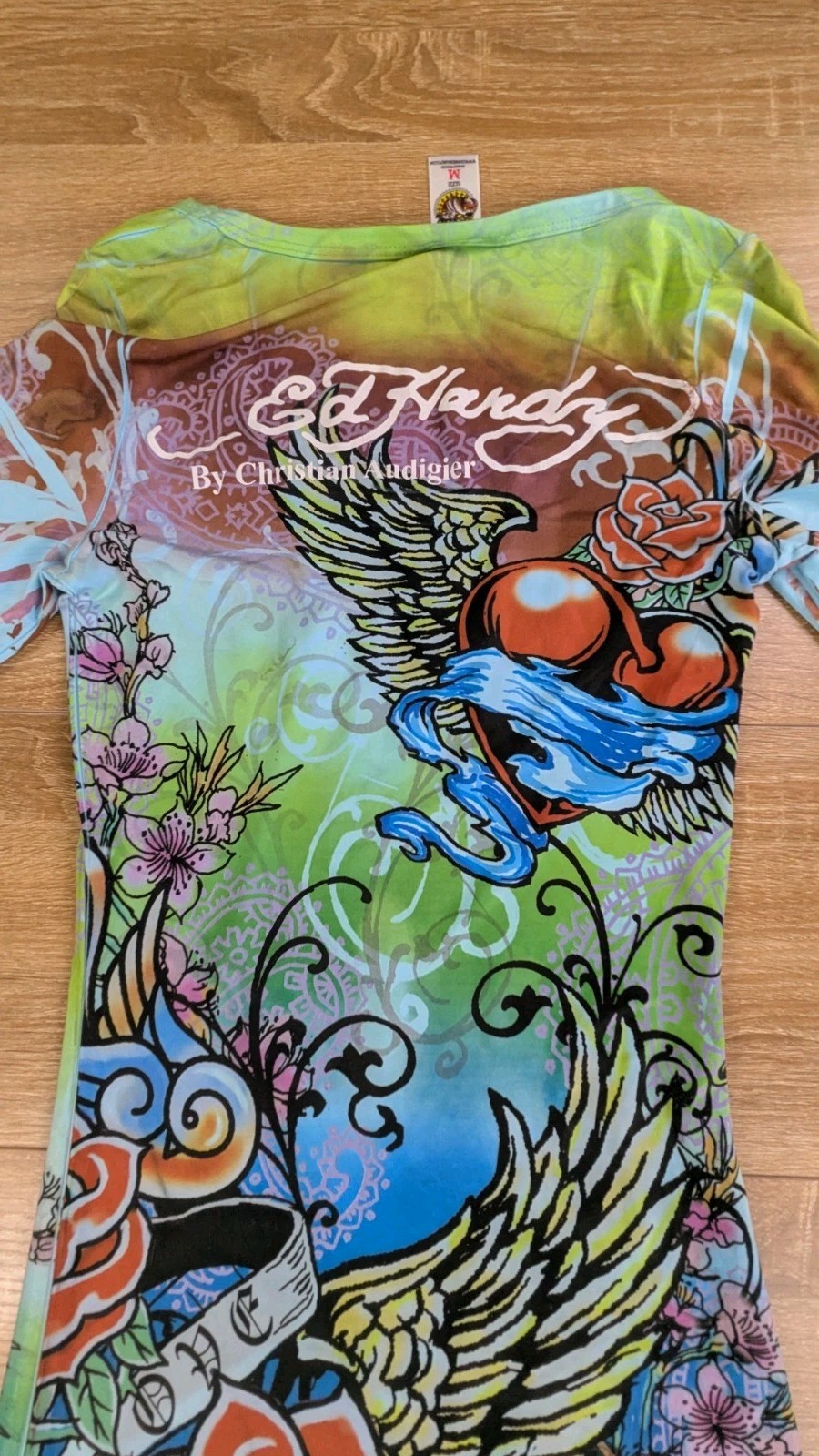 VTG Ed Hardy Christian Audigier Rhinestone Dress Medium Y2K Rose Tattoo Graphic