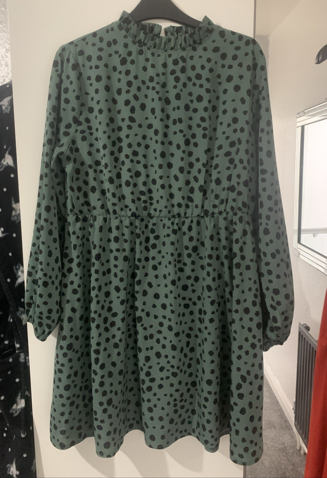Shein Size L 12-14 Pit To Pit 20in Green/Black Spotted High Neck Dress VGC
