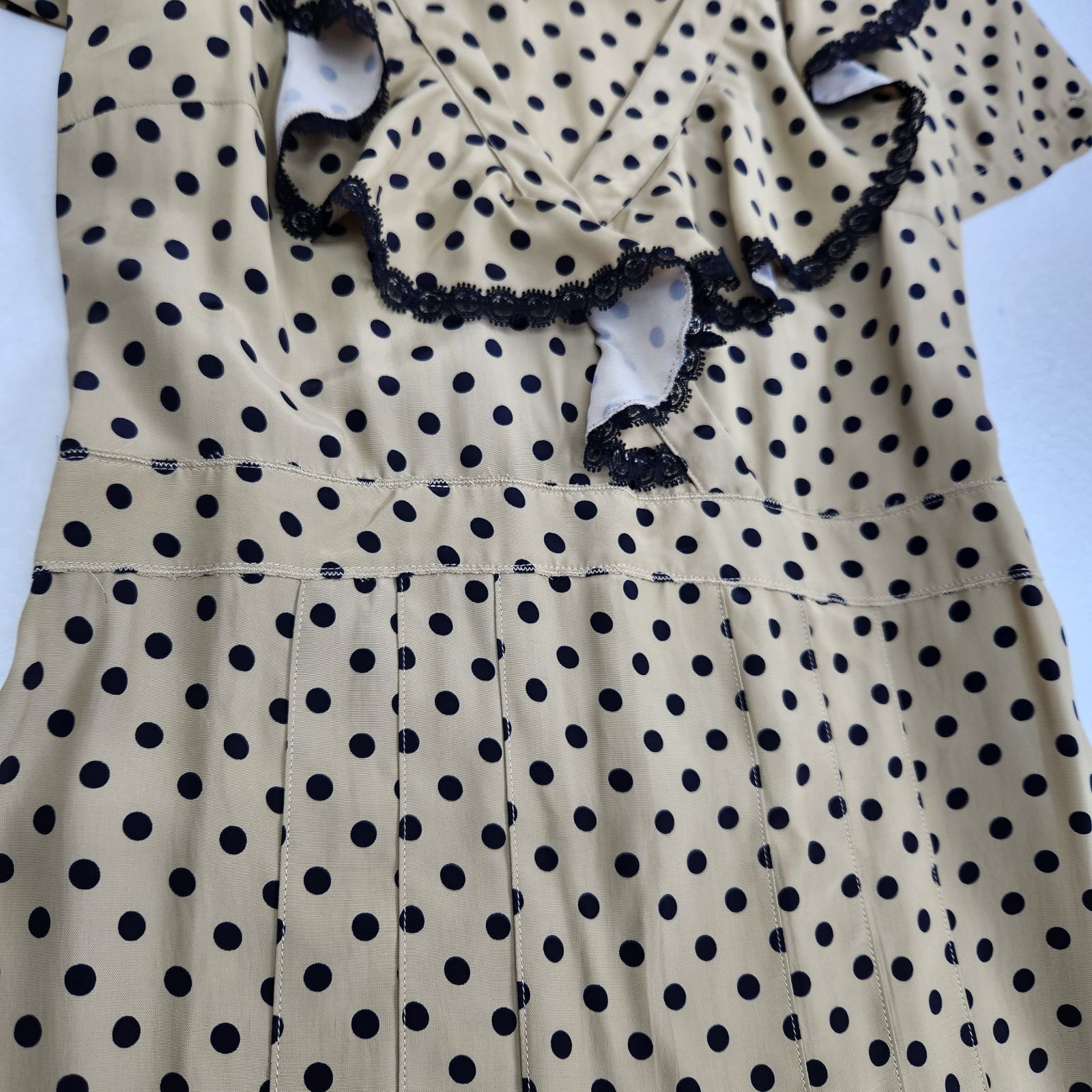 PRADA Long Dress Flared Retro Dot Pattern Frill Collar Size 40 L