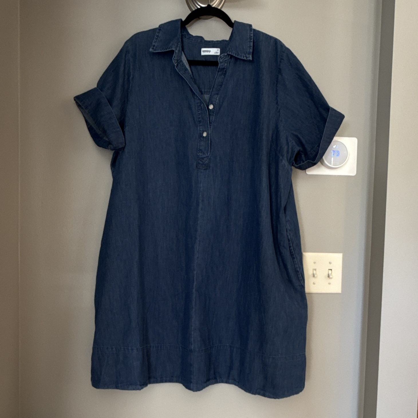 Sonoma Goods For Life 1X Plus Blue Solid Denim Collared Button Shirt Dress