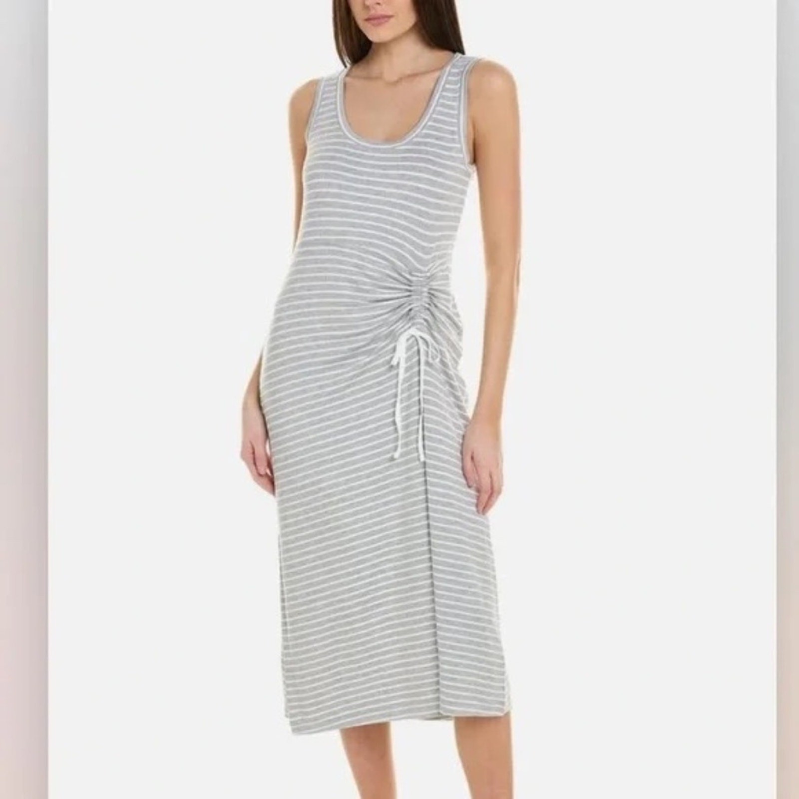 CAbi Maxi Dress Easy Style #5974 Small Grey White Stripe Ruching Stretchy Comfy