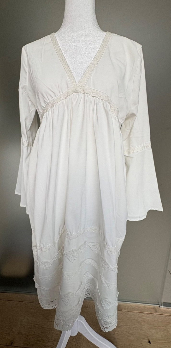 White Boho Lace Trim V-Neck Dress Small Lined Peasant Cottagecore