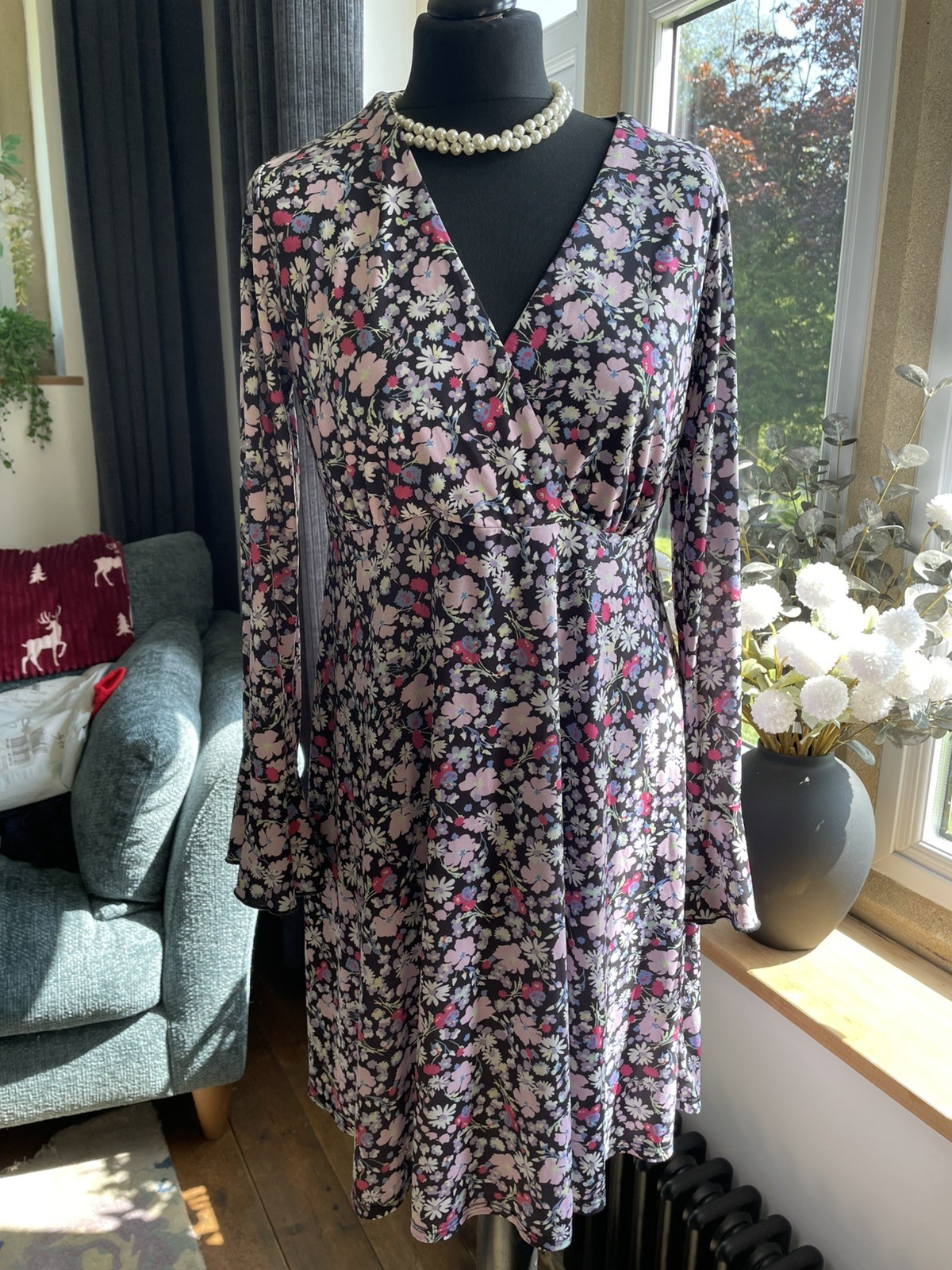 Blume London Jersey Wrap Dress in Black Pink Floral Print Size 14