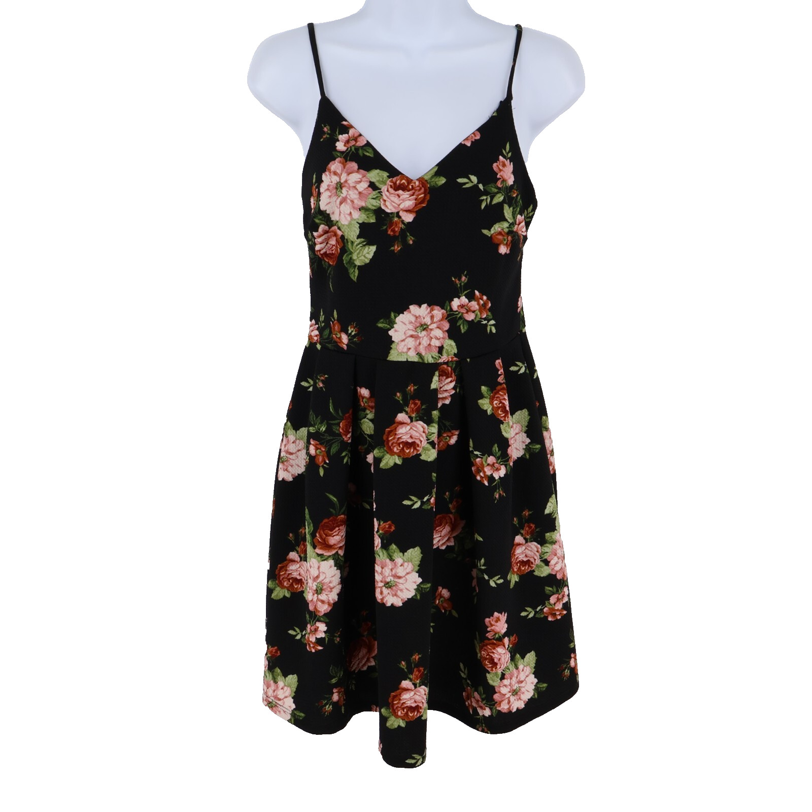 Soprano Short Sundress Womens M Black Floral Spaghetti Straps V-Neck Lightweight
